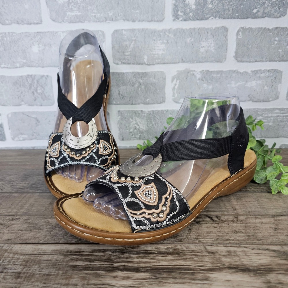 Rieker Antistress Black Embroidered Comfort Sandals Women's EU 39 US 8.5